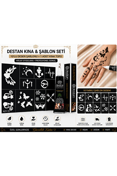 Destan Siyah Hint Kınası + 10’lu Desen Şablonu Seti – Kelebek, Kalp, Ay, Yıld...