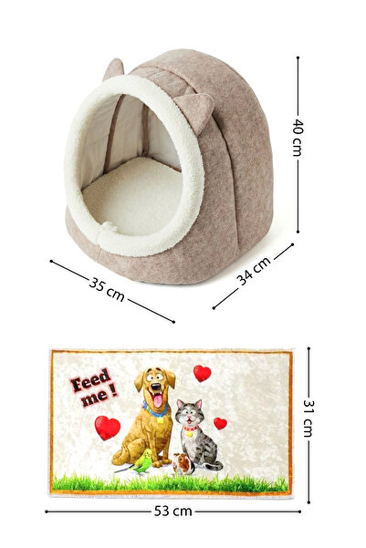GOBYPET İsim Yazılabilir Kare Mama Kabı Ve Keçe Kedi-Küçük Irk Köpek Evi Seti Bej