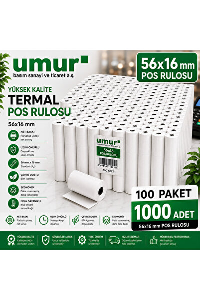 Umur 56x16 mm Termal POS Rulosu POS Kağıdı 1000 Adet (100 Paket x 10 Adet)