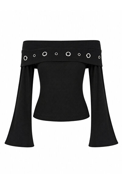 peri tower Women's Metal Eyelet Detailed Boat Neck Spanish Sleeve Blouse 00227