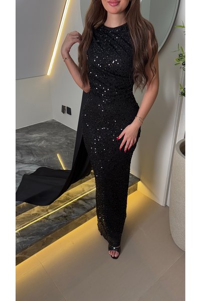 JAQUEEN Long Black Sequin Evening Dress
