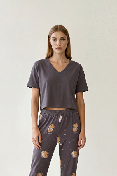 Hays Kadın Pamuklu Kısa Kollu Crop Pijama Üstü