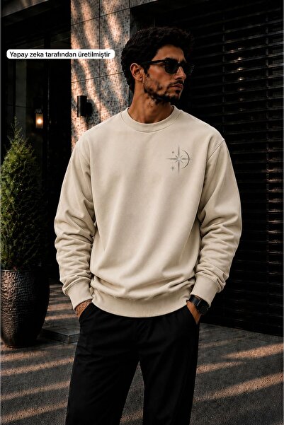 caddekombin Men's Minimal Star & Compass Printed Cycling Round Neck Casual Sw...