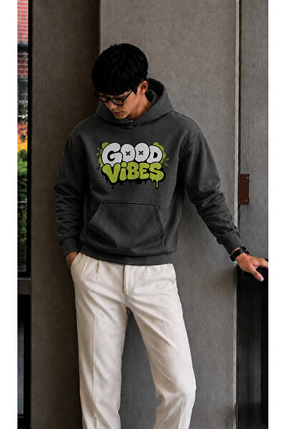 caddekombin Men's Good Vibes Graffiti Printed Hooded Kangaroo Pocket Regular ...