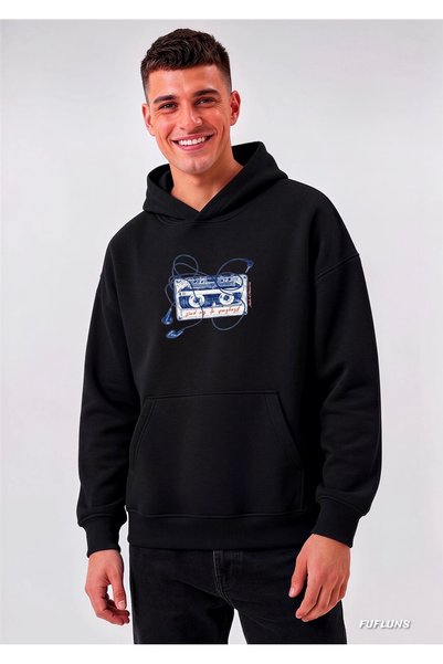 FUFLUNS Cassette Printed Oversized Men's Hooded Sweatshirt