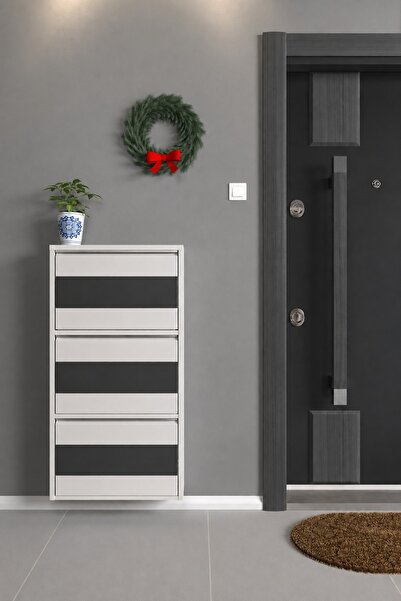 formood Üçlü Metal Ayakkabılık Beyaz Ahşaplı MDF ANTRASİT