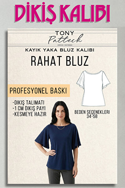 Tony Patteck Kayık Yaka Rahat Bluz (BL4) - Hazır Dikiş Kalıbı (34-58 Beden)