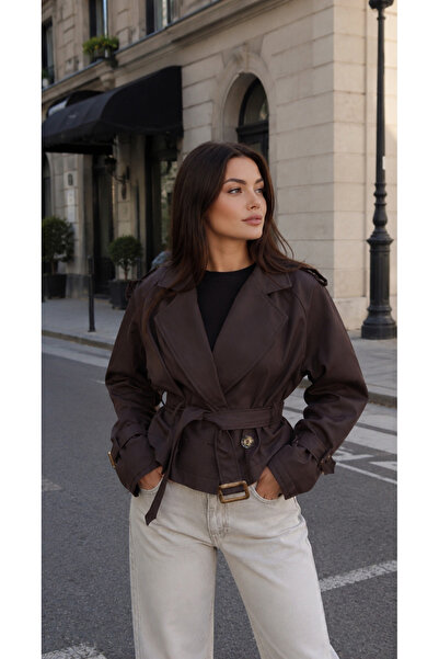 Nes Moda Kadın Kruvaze Yaka Crop Trenç Ceket