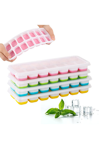 Generic Brand Set 4 forme pentru cuburi de gheață,cu capac,TPR,roz,galben,alb...