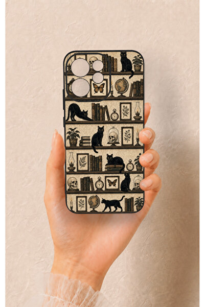 Vip Case Oppo Reno 15F Uyumlu Vintage Siyah Kedi Desenli Silikon Kılıf