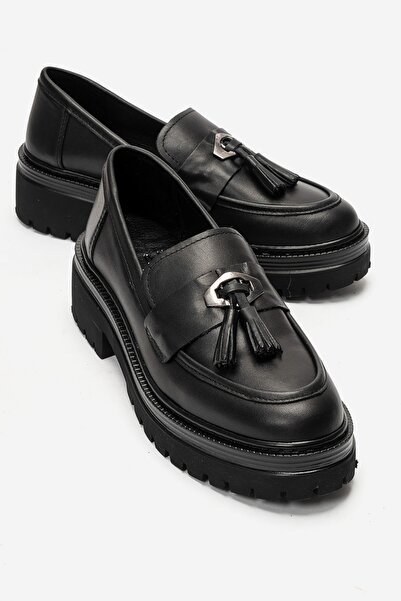 LuviShoes MARSY Siyah Cilt Hakiki Deri Püsküllü Kadın Loafer Ayakkabı