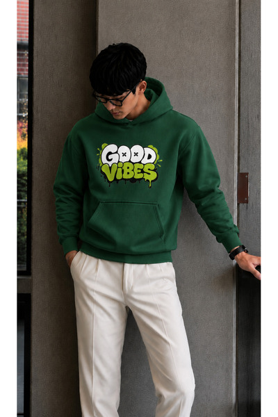 caddekombin سويت شيرت رجالي من Good Vibes مطبوع عليه جرافيتي بقلنسوة وجيب كان...