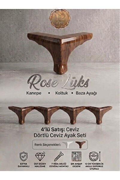 Lüks Rose 12 cm Ceviz Ahşap Desenli Mobilya ve Baza Ayağı - 4'lü Avantaj Seti...
