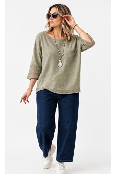 MARWARİ OTANTİK BUTİK Linen Mesh Detailed Oversize Blouse 40-48