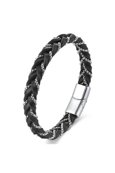 Peach Jewelry Ανδρικό Βραχιόλι Πλεκτό Μαύρο-Ασημί