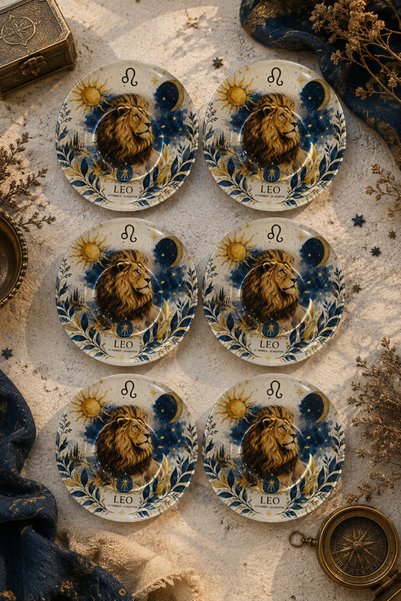Ahenk Ev&Sofra Set of 6 Glass Tea Plates - Leo Zodiac Sign Patterned 12 cm - ...
