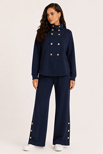 CARLA MARA Women's Modal Fabric Double Set with Gold Snap Detail – Navy Blue