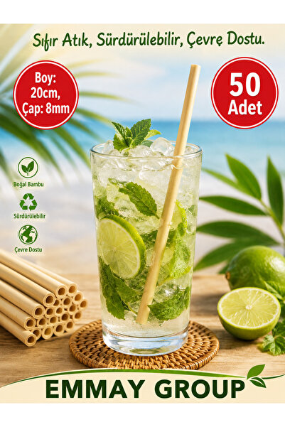 İthal 100 Pieces of Bamboo Straws 20 cm X 8 mm Natural Bamboo Cocktail Straws...