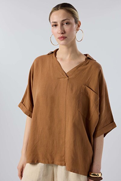İpekçi Otantik Linen V-Neck Oversize Women's Shirt Tile