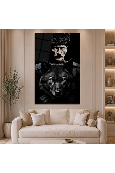 Mgi Design Gazi Mustafa Kemal Atatürk ve Siyah Kurt Cam Tablo, Temperli Cam P...