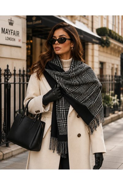 Aquasis Paris |   Women's Double-Sided Black and White Winter Shawl Scarf 70X185 cm |   Oversize Plaid Houndstooth Patterned & Plain Black Soft Tassel Shoulder Shawl