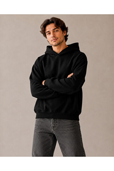 FAVORİST Black Hooded Hoodie 100% Combed Cotton Three Yarns