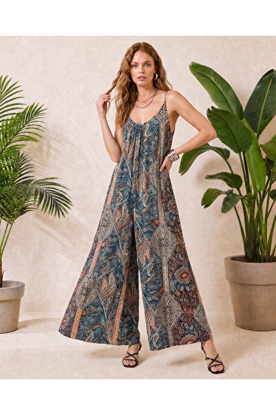 Missrelda Moda Kadın İp Askılı V Yaka Şal Desenli Oversize Geniş Paça Cep Det...