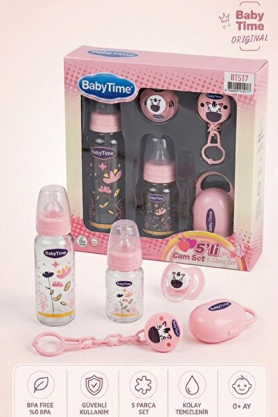 Babytime 5 Parça Cam Biberon Beslenme Seti 250 ml 125 ml Damaklı Emzik Askı S...
