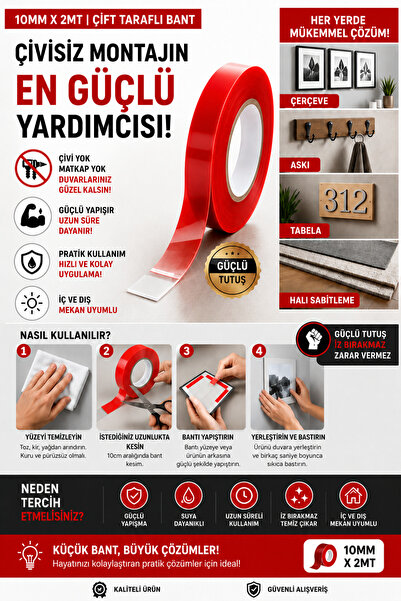 Çift Taraflı Silikon Bant 10mm x 2 metre