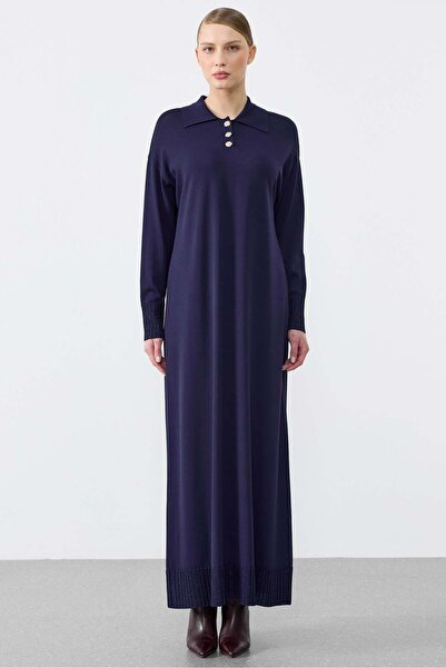 Tığ Triko Pola Yaka Rayon Dress Dark Blue