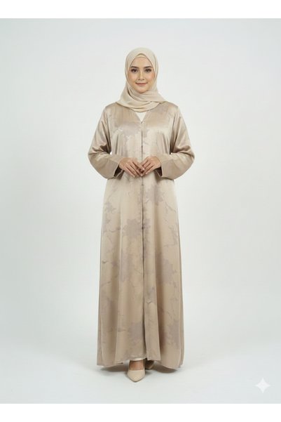 RIZQE Champagne Beige Satin Abaya | Rizqé Luxury Silk-Finish Floral Print Mod...