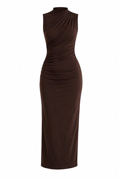 Laluvia Brown Draped Slit Midi Dress - 2Y4114