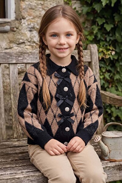 Fulla Moda Cardigan pentru fete cu model argintiu tip baklava, cu fundă și na...