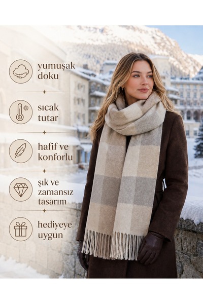 Aquasis Oslo | Kadın Bej Gri Ekru Kışlık Şal Atkı 50x185 cm | Oversize Ekose ...