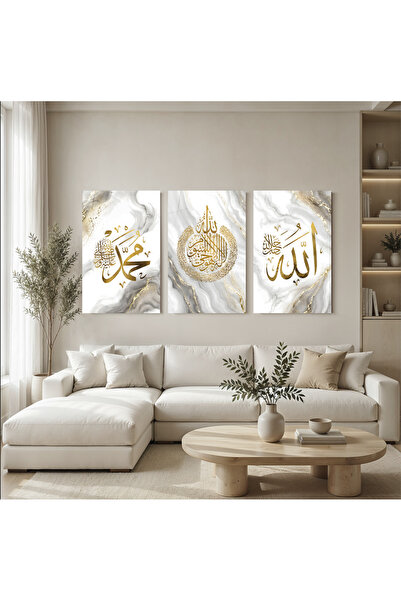Mgi Design Allah Muhammed Yazısı III 3 Parçalı Cam Tablo Seti, Temperli Cam Ü...