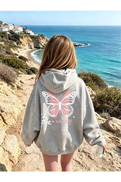MORNİNG KİDS Girl's Gray Hooded Sweatshirt with 3 Butterfly and Back Print