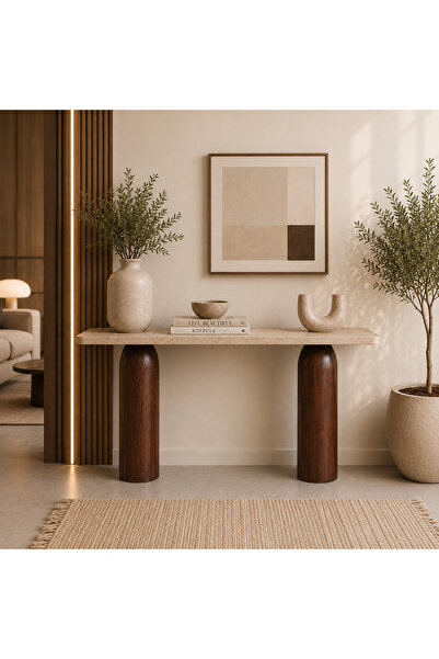 Lamsat Abda Wooden Console Table with a Beige Top and a Brown Base