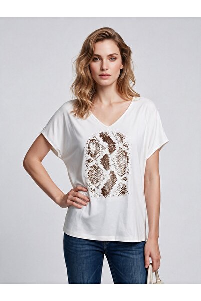 DAIDO Women's V-Neck Relaxed Fit Snakeskin Pattern Short Sleeve T-Shirt 20Y33...