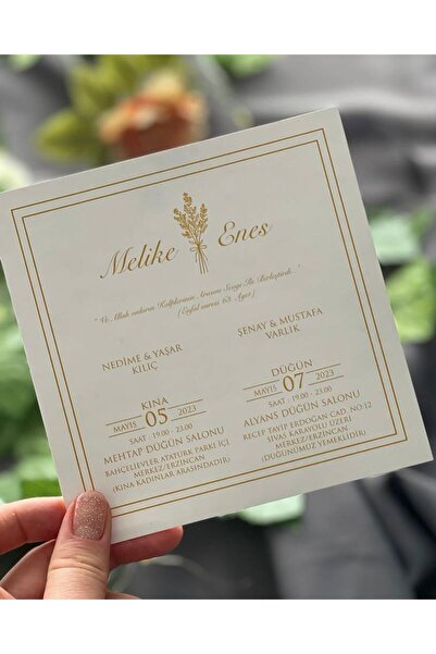 ASEL DAVETİYE 14x14 kare yaldız düğün nişan nikah davetiyesi (50adet) baskısız