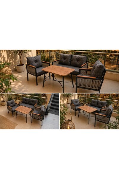 Zigonzi Set mobilier de grădină și terasă 4 piese, canapea 2 locuri, 2 fotolii și masă, structură metalică, perne gri antracit
