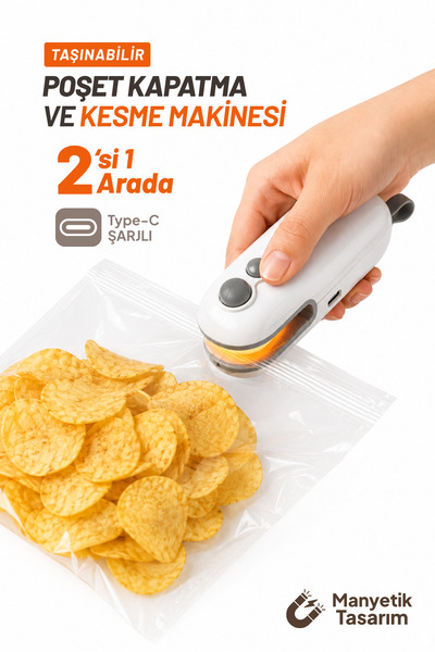 Seyoni Şarjlı Mini Poşet Kapatma ve Kesme Makinesi 2’si 1 Arada Type-C 400 mA...