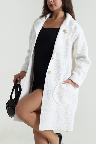 VıoShıne Women's Boucle Fabric Buttoned Pocketed Double-Breasted Collar Long ...