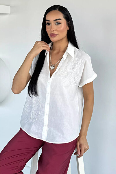 TOZLU Cream Women's Beaded Embroidered Short Sleeve Shirt