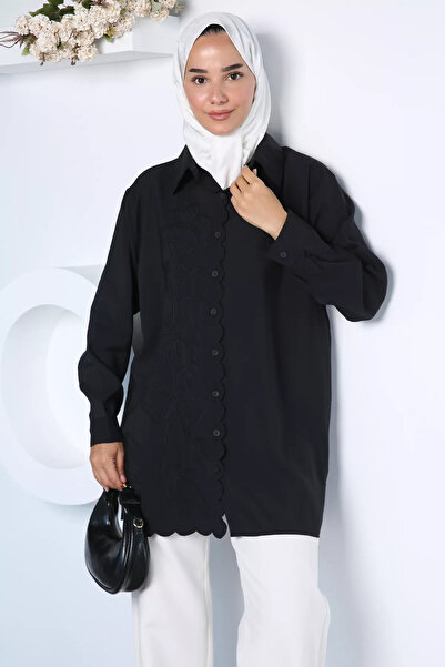 TOZLU Black Floral Embroidered Hijab Shirt