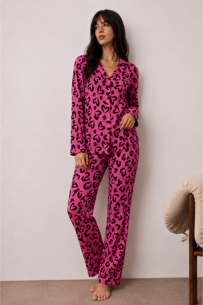 FİT WOMEN Women's Buttoned Winter Home Lilac Pajama Set