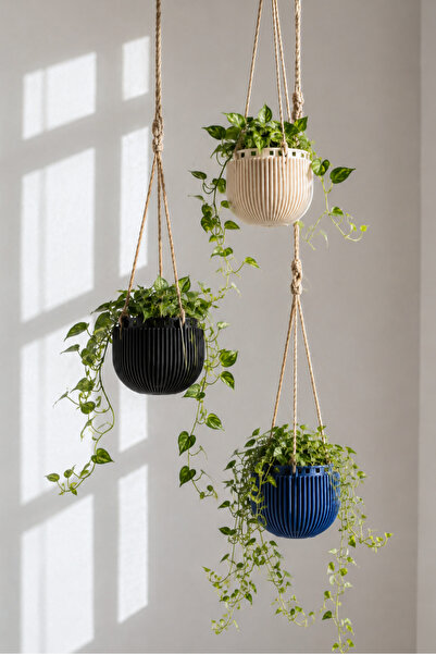 Objexia Dikey Lamelli Askılı Saksı 18 cm Sarkan Bitkiler İçin Salon Saksısı