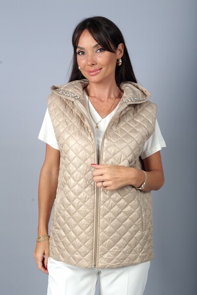By Saygı Women's Hooded Sleeveless Vest with Stone Collar and Front Zipper Po...