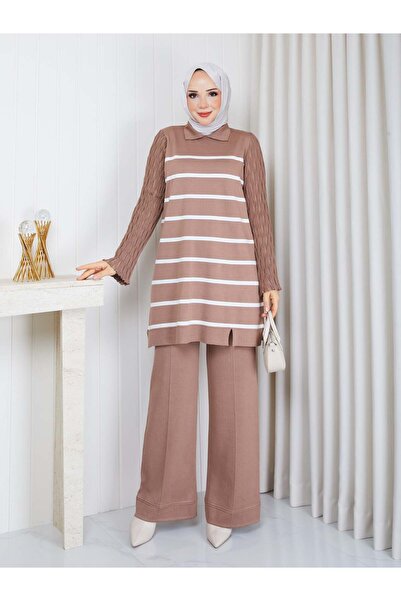 PAVENTİ Knitwear Striped Double Set Tan