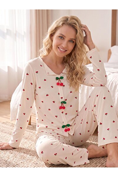 cotonhause Kadın Uzun Kol Kaşkorse Kirazlı Beyaz Pijama Takımı C6T0N807