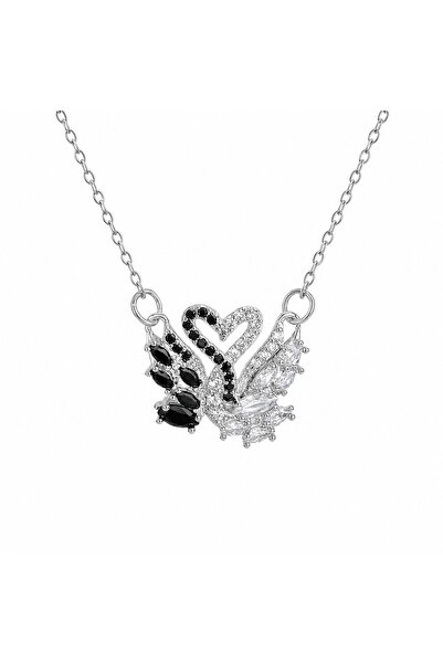 SWANOVAJEWELRY 316L Çelik Kararmaz Siyah Beyaz Kuğu Kolye - Kalp Formlu Zirko...